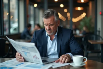 Homme d'affaires anxieux lisant journaux financiers au cafe