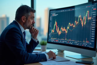 Homme en costume bleu analysant un graphique financier