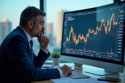 Homme en costume bleu analysant un graphique financier