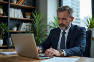 Homme d'affaires préoccupé consulte ses finances