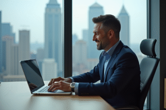 Homme d'affaires en costume bleu regardant des graphiques financiers