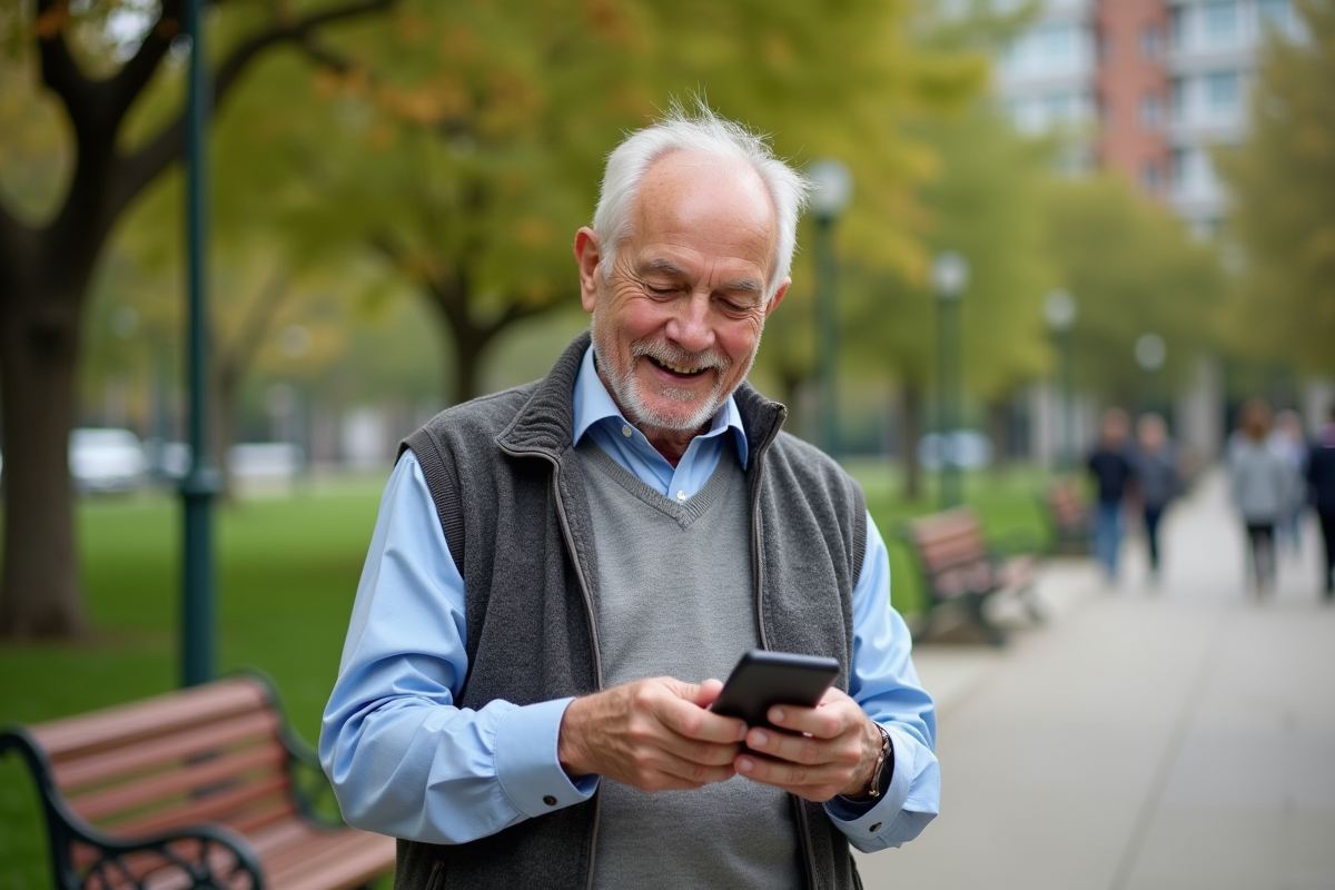 Homme retraité vérifiant son application bancaire en plein air