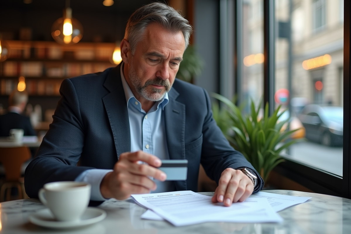 Homme en costume comparant carte de crédit et documents au café