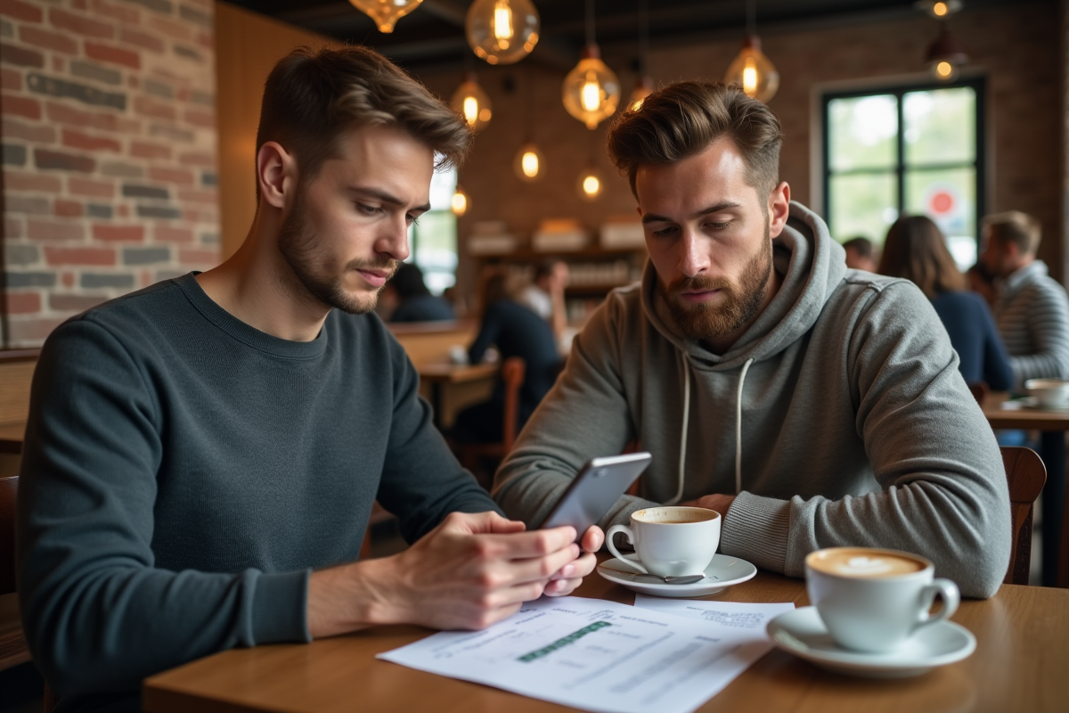 Homme au café examinant ses options de prêt sur smartphone