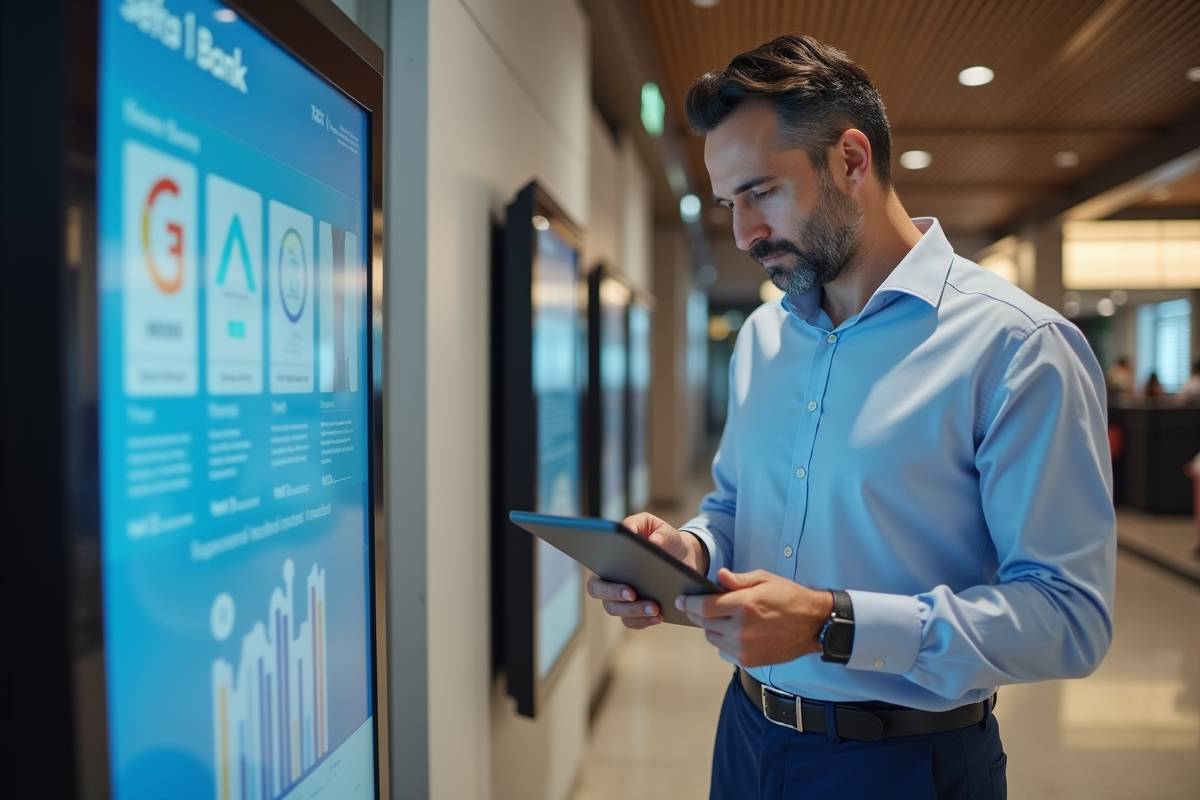 Homme d’affaires utilise une tablette dans une banque