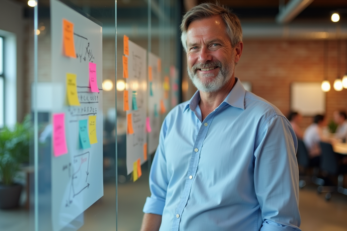 Homme en chemise bleue dans un espace de coworking créatif