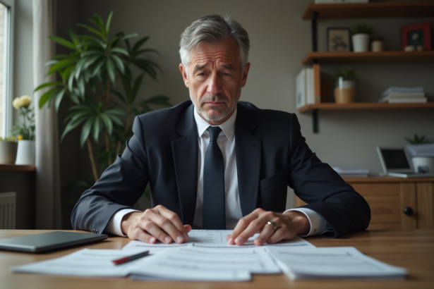 Homme d'âge moyen inquiet dans un bureau à domicile