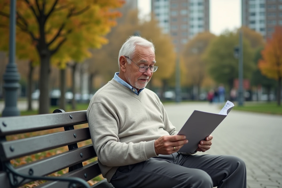 Homme âgé lisant une brochure juridique dans un parc