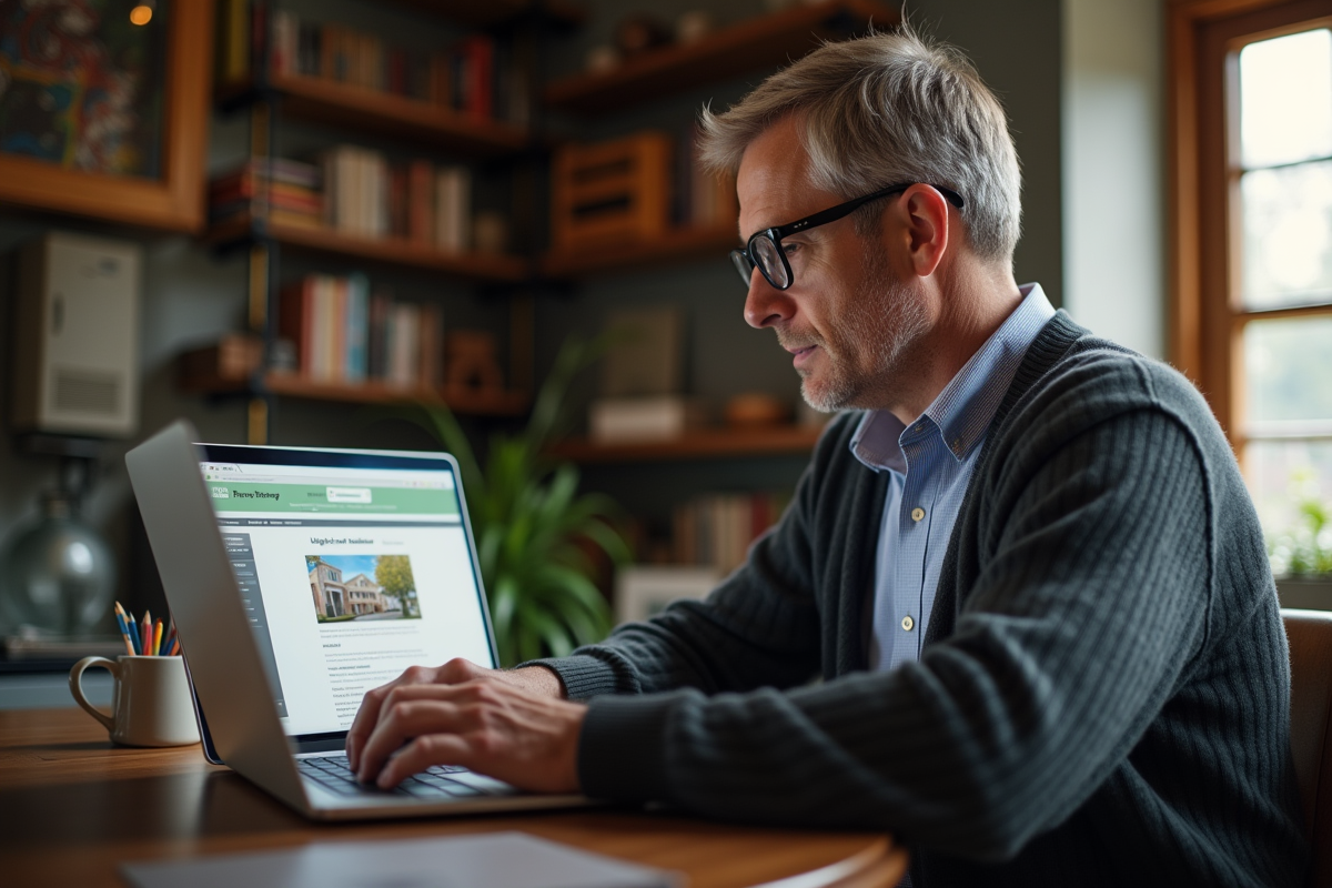 Homme recherchant des aides au logement sur son ordinateur
