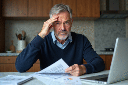 Homme d'âge moyen préoccupé devant ses papiers financiers