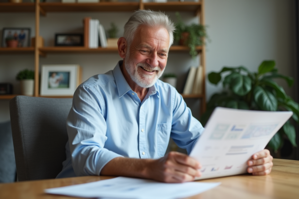 Homme retraité souriant vérifiant ses finances à son bureau
