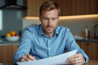 Homme d'âge moyen examine des documents dans une cuisine moderne