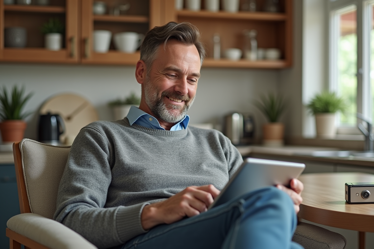 Homme détendu utilisant une tablette dans une cuisine sécurisée