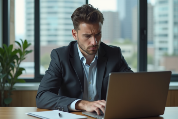 Jeune homme d'affaires frustré devant son ordinateur à domicile