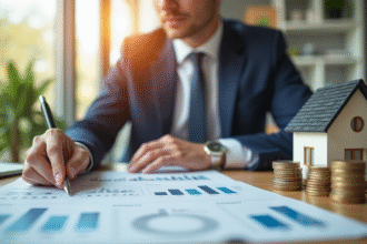 Professionnel examinant documents et graphiques immobiliers