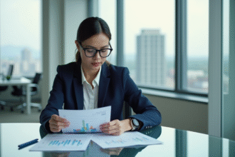 Jeune femme d'affaires en costume bleu étudie des graphiques