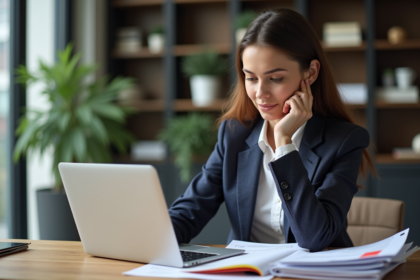 Jeune femme en blazer bleu dans un bureau professionnel