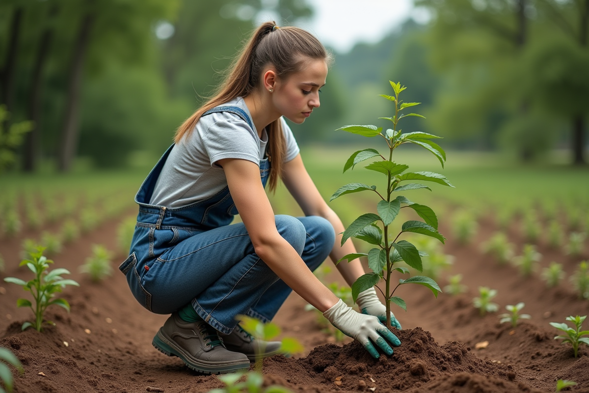 Jeune femme plantant un jeune arbre en forêt