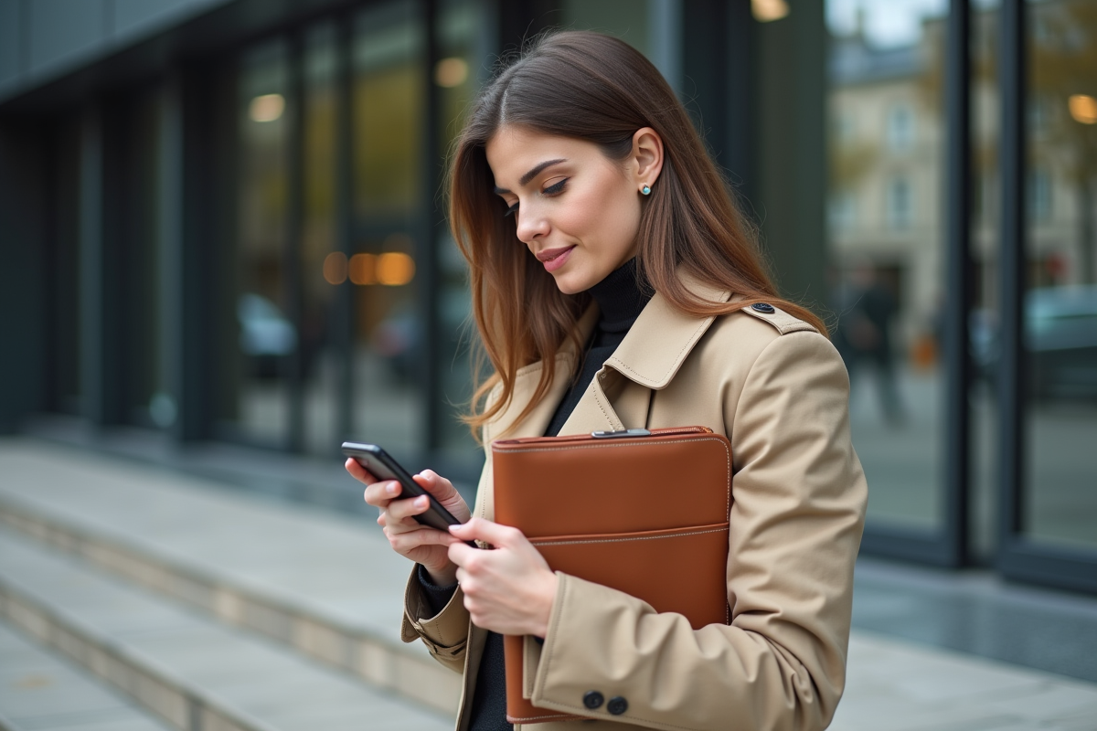 Jeune femme juriste regardant son smartphone devant un tribunal moderne