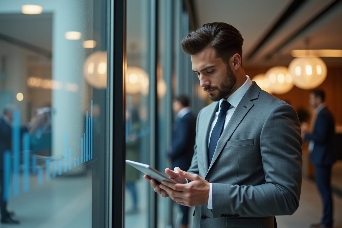 Jeune homme en costume examinant une tablette dans une agence bancaire