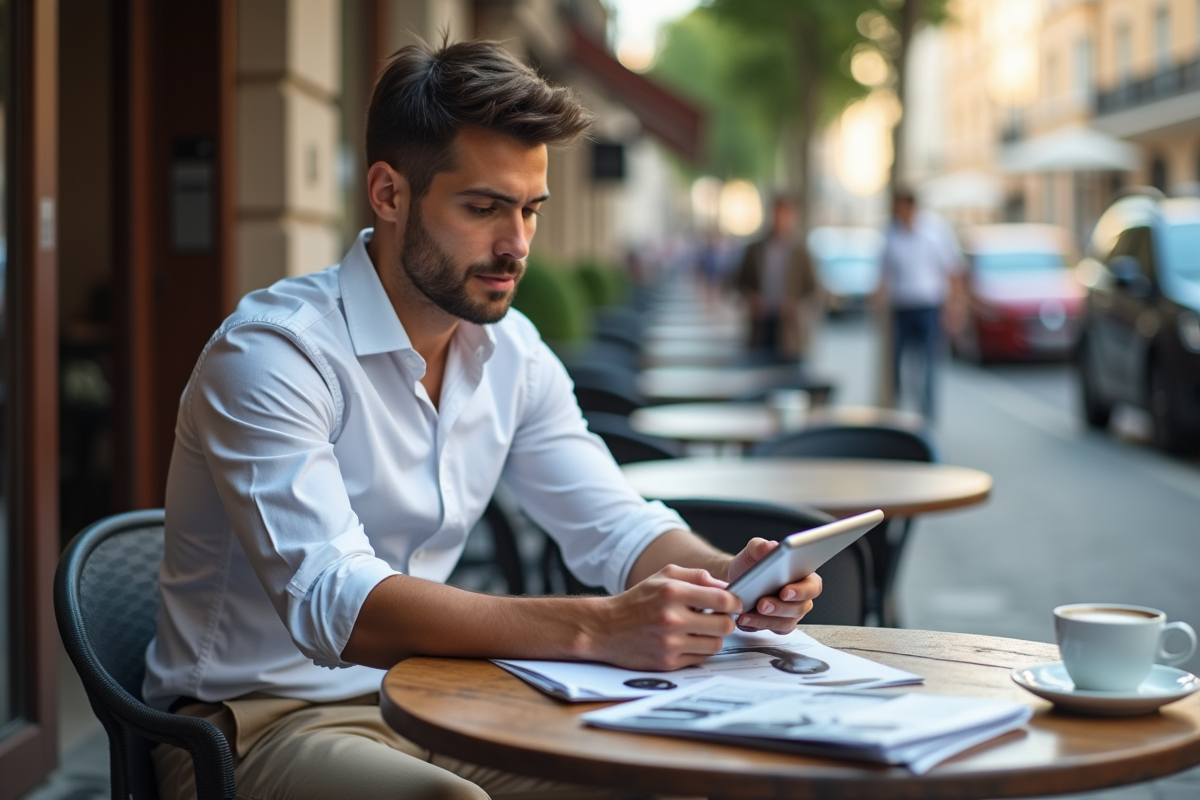 Jeune homme au café comparant des documents sur une tablette