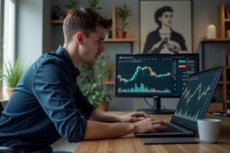 Jeune homme concentré devant un ordinateur avec graphiques crypto