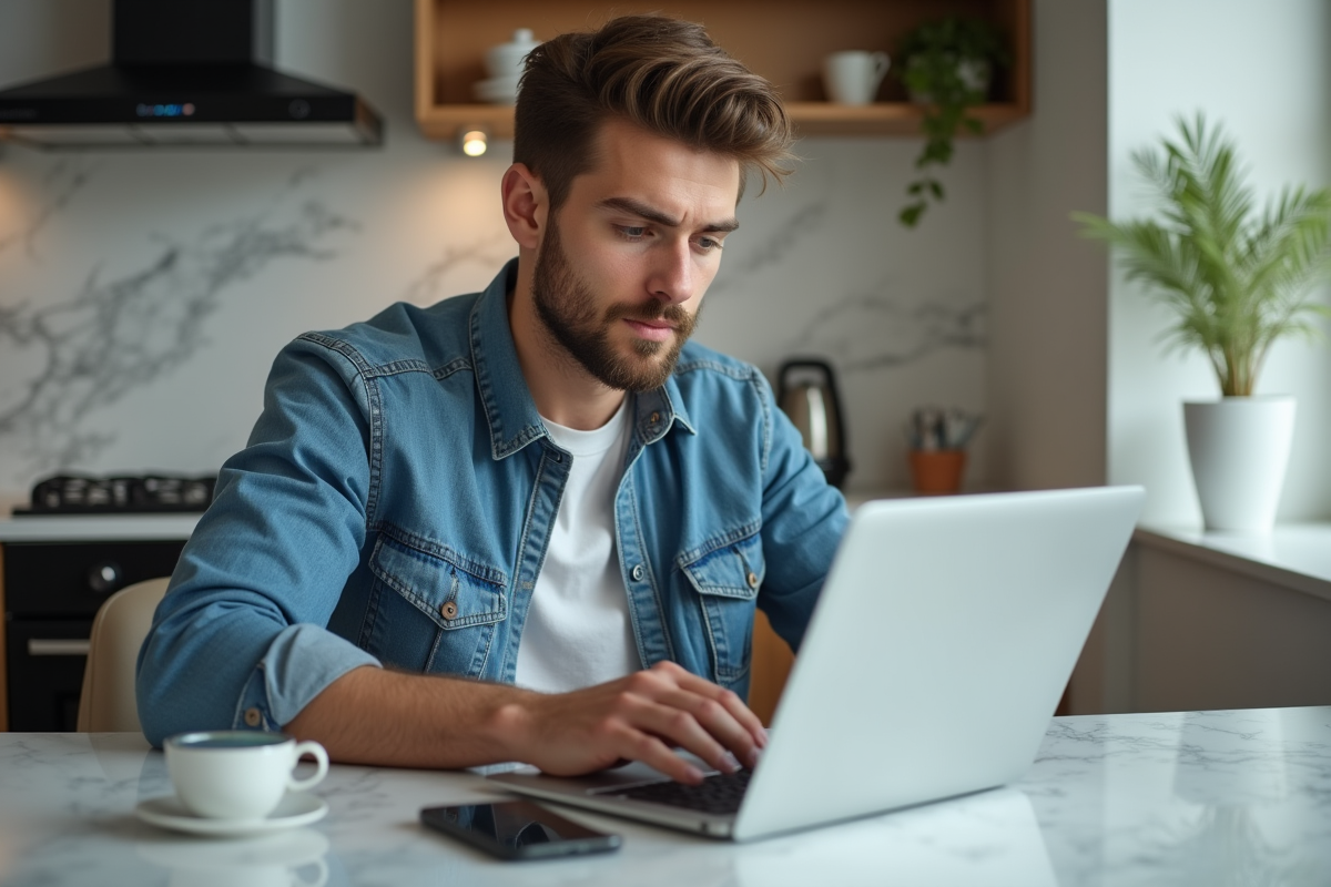 Jeune homme travaillant sur un ordinateur portable dans une cuisine moderne