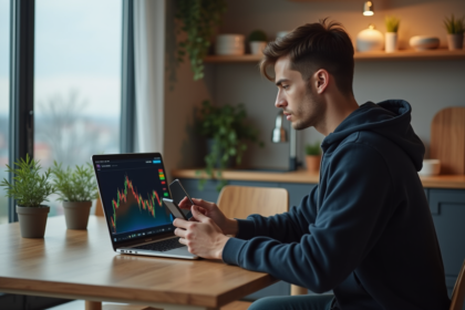 Jeune homme avec smartphone et ordinateur pour crypto