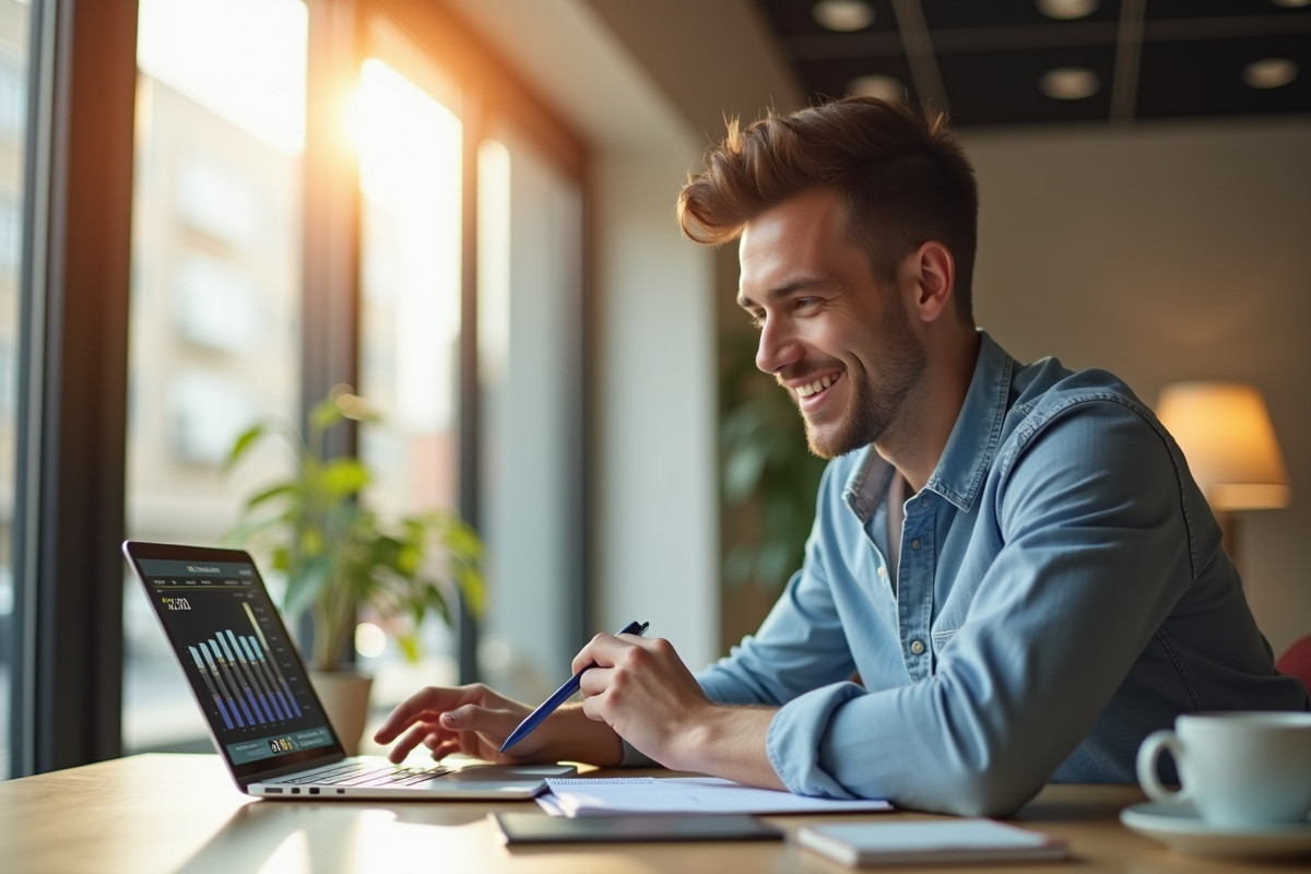 Jeune professionnel souriant vérifiant ses finances sur un ordinateur portable