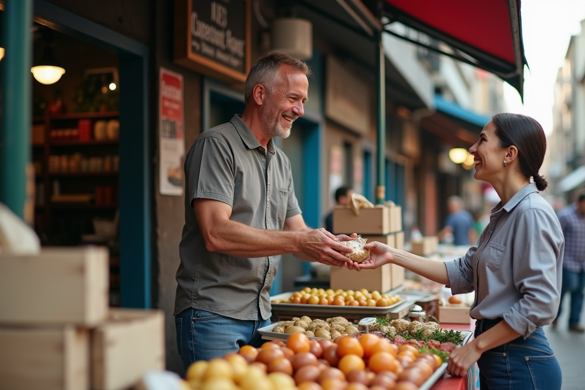 Homme souriant vendant un produit au marché en plein air