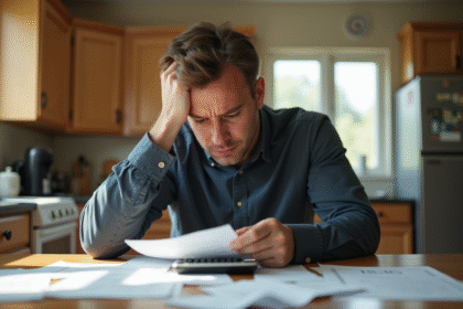 Personne inquiète à la cuisine avec factures et calculatrice