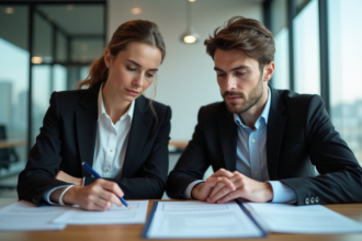 Femme et homme d'affaires examinant des contrats dans un bureau