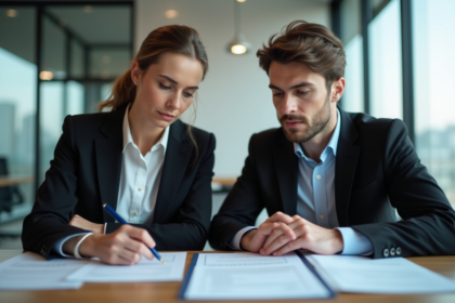Femme et homme d'affaires examinant des contrats dans un bureau