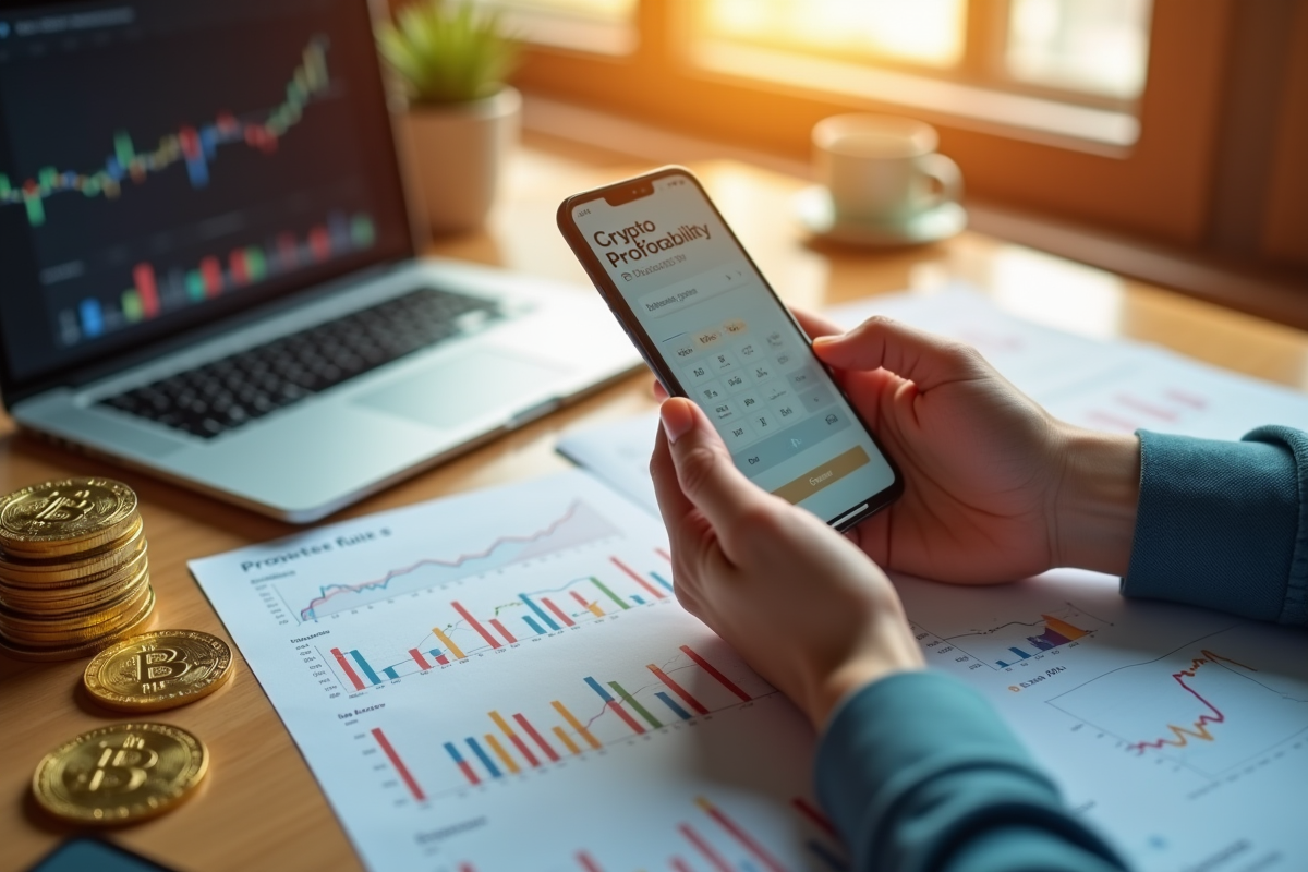 Mains tenant un smartphone avec calculateur crypto et jetons bitcoin
