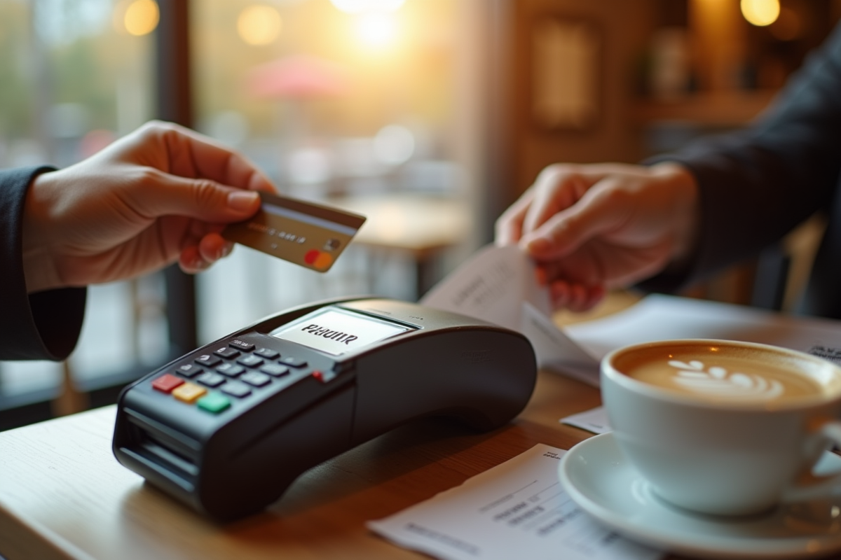 Terminal de paiement avec message de transaction refusee sur une table de café