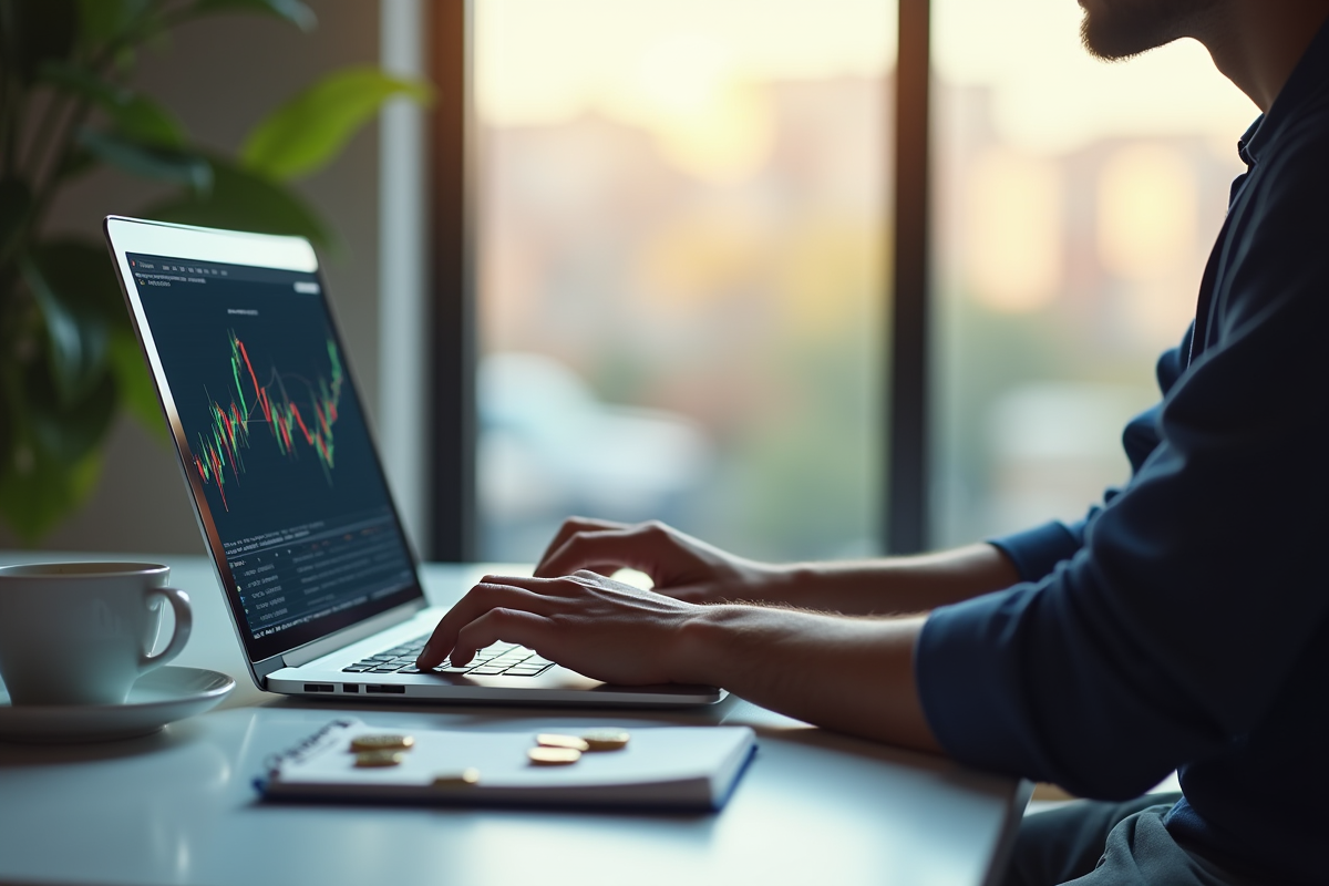 Personne utilisant un ordinateur portable avec graphiques et crypto monnaies